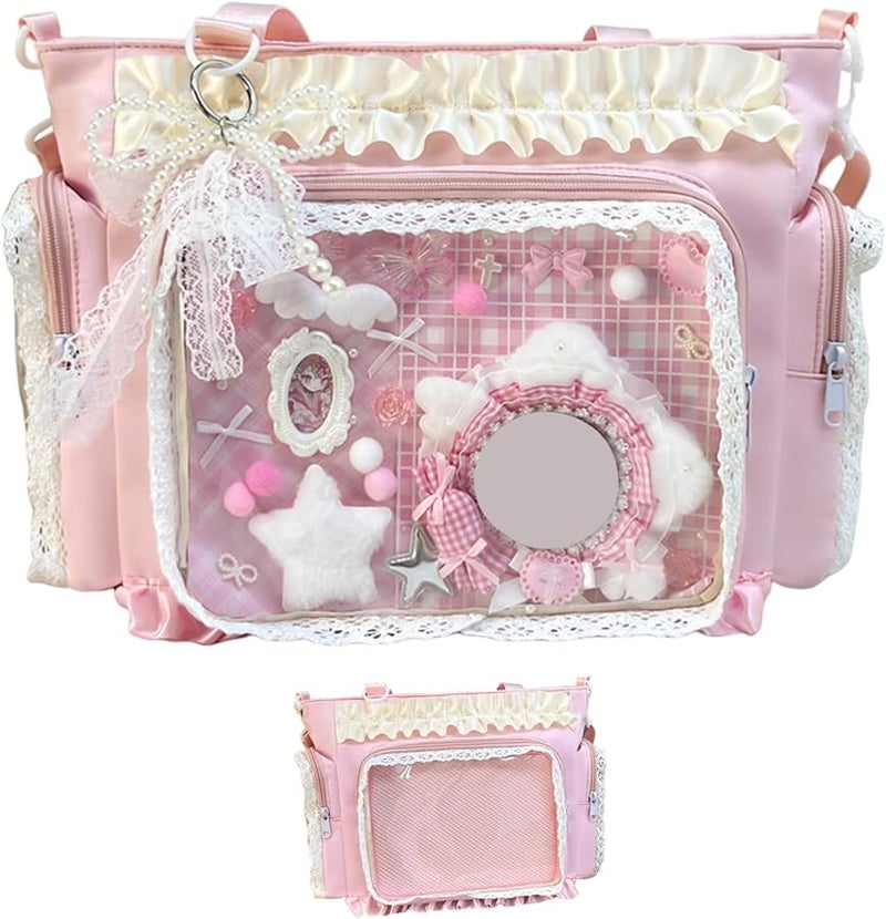 حقيبة إيتا من النايلون مع دانتيل كاواي وأهداب وشريط عرض واضح قابل للتعديل للارتداء عبر الجسم - Image 1